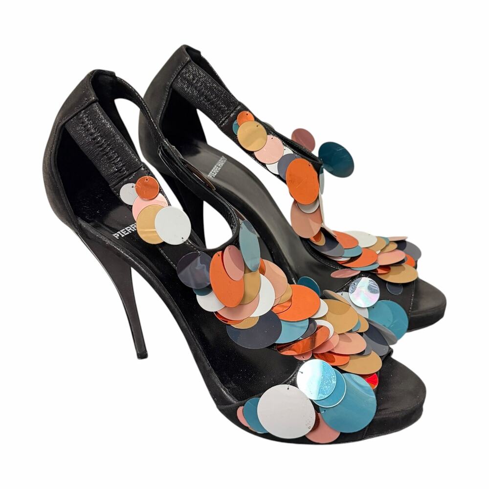 Pierre Hardy Multicolor Sequin Embellished Black Leather T Strap Heels US 10